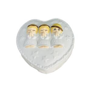 Vintage Hallmark 3D Three Little Angels Heart Shaped Ceramic Trinket Box Lidded